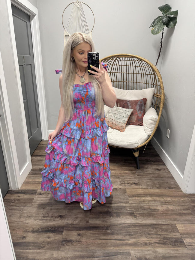 MEGAN SPRAY FLORAL TIE SHOULDER DRESS