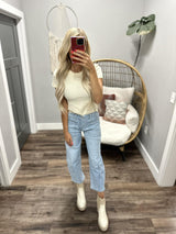 AMELIA CREAM SHORT SLEEVE RIBBED TOP