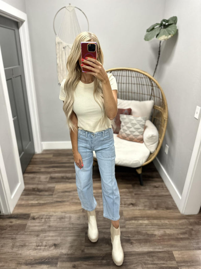 AMELIA CREAM SHORT SLEEVE RIBBED TOP