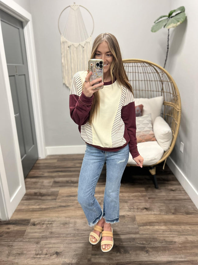 CALLI CREAM AND PLUM STRIPE SWEATSHIRT TOP