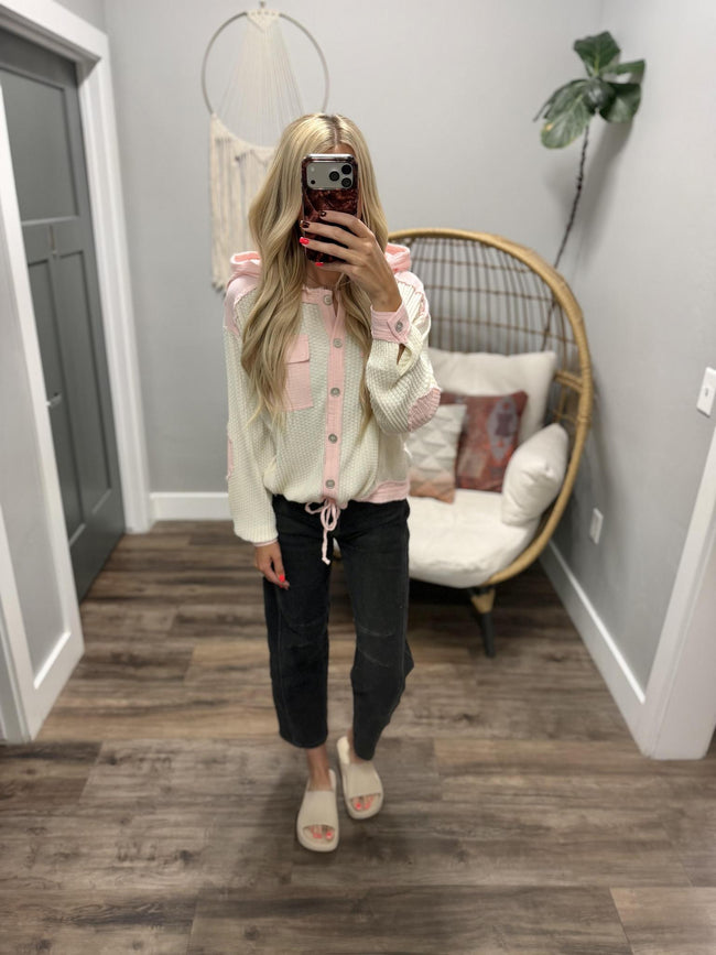 JODI IVORY/PINK WAFFLE HOODIE TOP