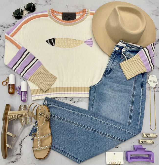 SOPHIE FISH EMBROIDERED COLORBLOCK SWEATER TOP