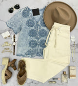 DENIM DARLING CHAMBRAY SCALLOP BUTTON FRONT BLOUSE