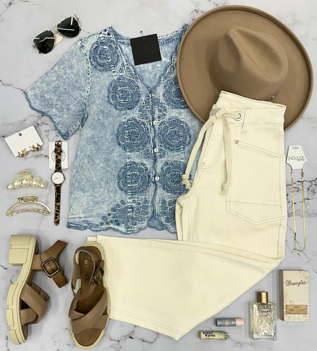 DENIM DARLING CHAMBRAY SCALLOP BUTTON FRONT BLOUSE