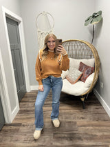 GEMMA CAMEL AND CREAM RUFFLE SWEATER TOP