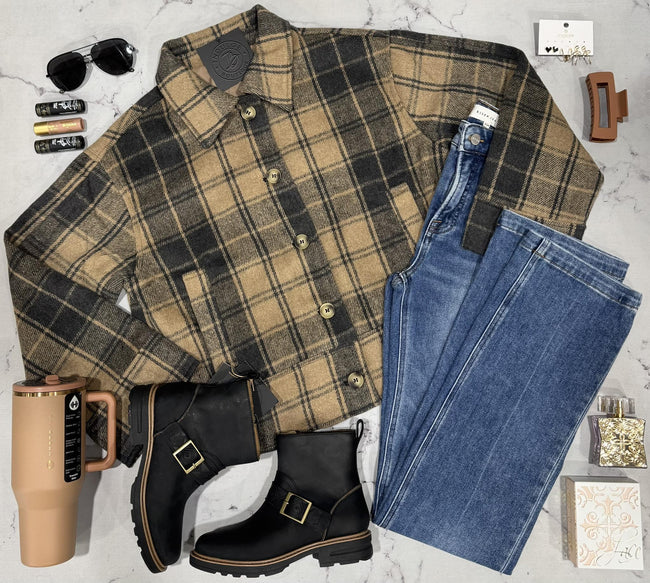ALICIA CHARCOAL AND TAUPE PLAID BUTTON UP JACKET