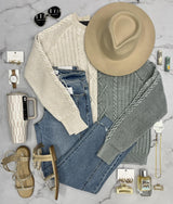 TEXI WASHED SAGE CABLE KNIT SWEATER TOP