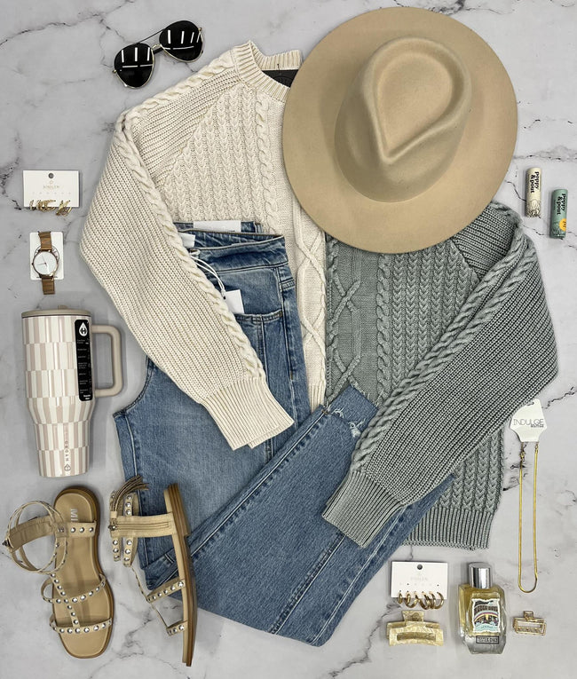 TEXI WASHED SAGE CABLE KNIT SWEATER TOP