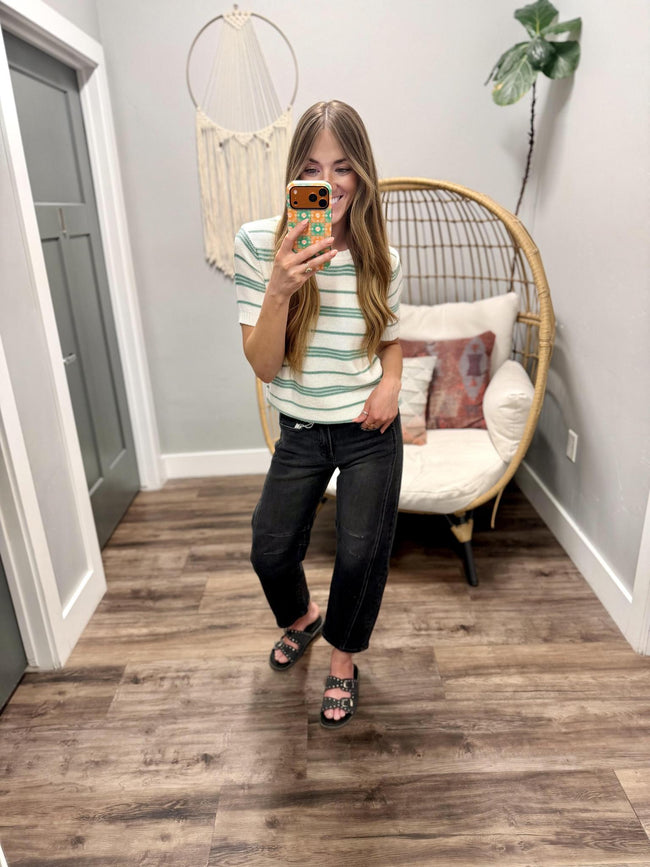 SYDNEE TEAL STRIPE SHORT SLEEVE SWEATER TOP