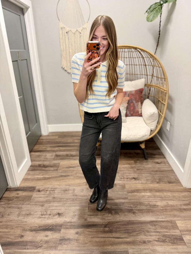 KAYLAN BABY BLUE STRIPE HENLEY COLLARED SWEATER TOP