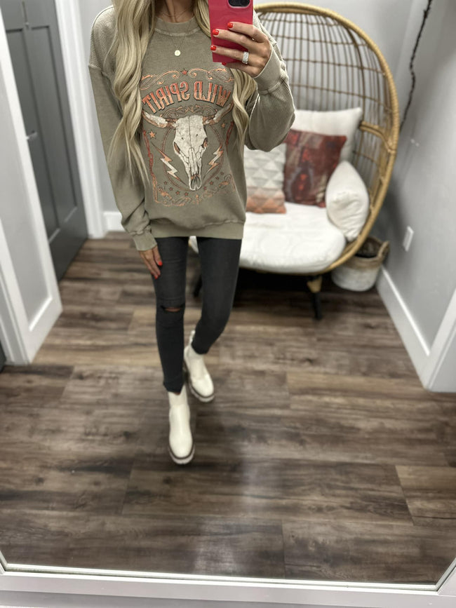 MOCHA WILD SPIRIT CREW SWEATER TOP