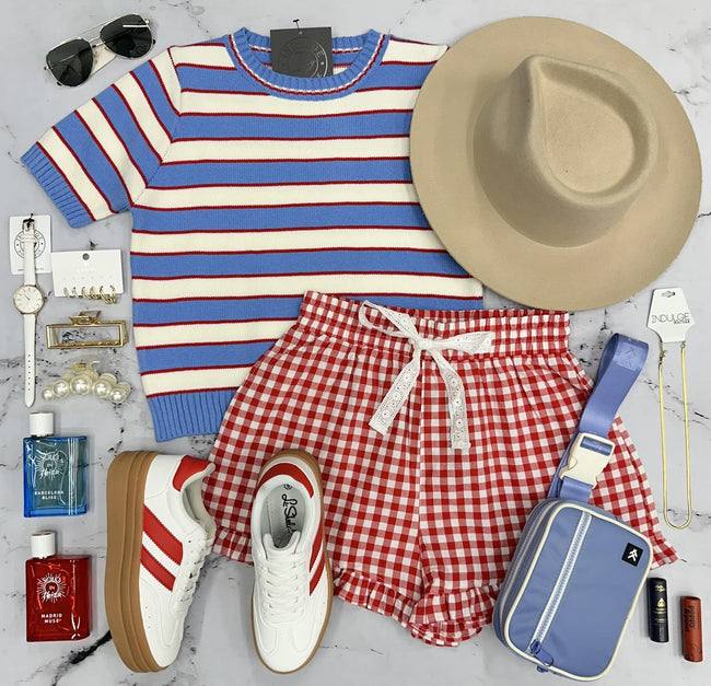RANDI BLUE RED STRIPE SHORT SLEEVE KNIT SWEATER TOP