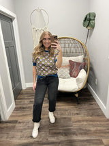 BRADY NAVY AND PINK FLORAL PATTERN SWEATER TOP