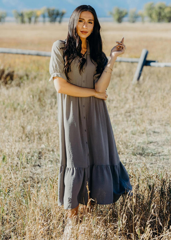 THE LEO CLOUDSTONE BUTTON UP MIDI DRESS