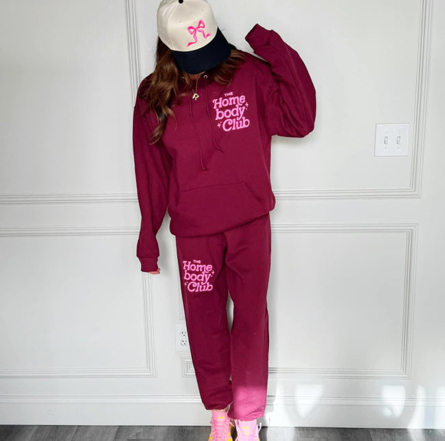 MAROON AND HOT PINK PUFF HOMEBODY SWEATSET HOODIE AND JOGGERS