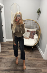TERRY MOCHA RIBBED STRIPE HENLEY TOP