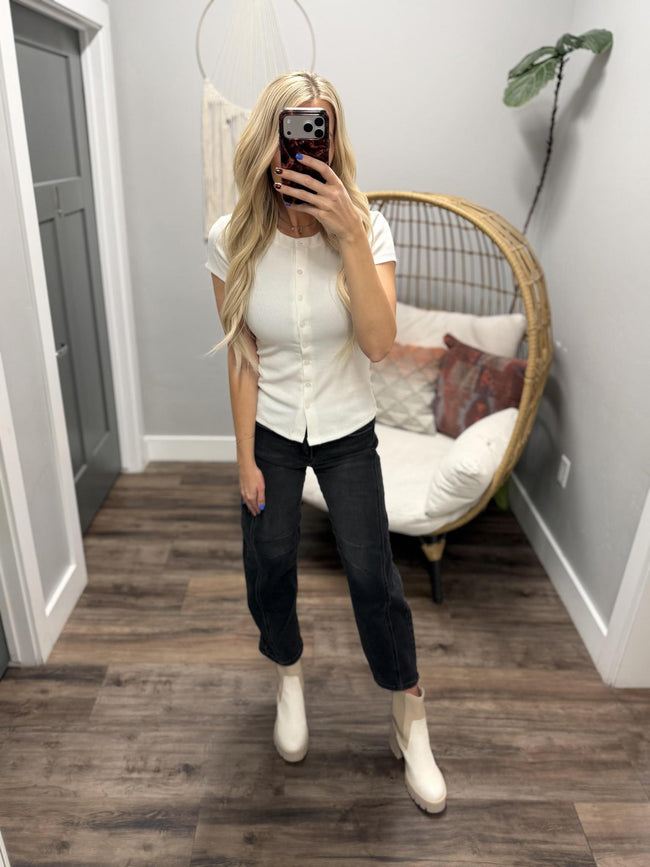 JUDY OFF WHITE SHORT SLEEVE HENLEY TOP