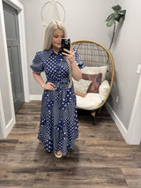 BECKY NAVY POLKA DOT MIDI DRESS