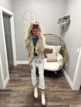 BLAIR TAUPE RUFFLE FRONT TIE FRONT CARDIGAN TOP