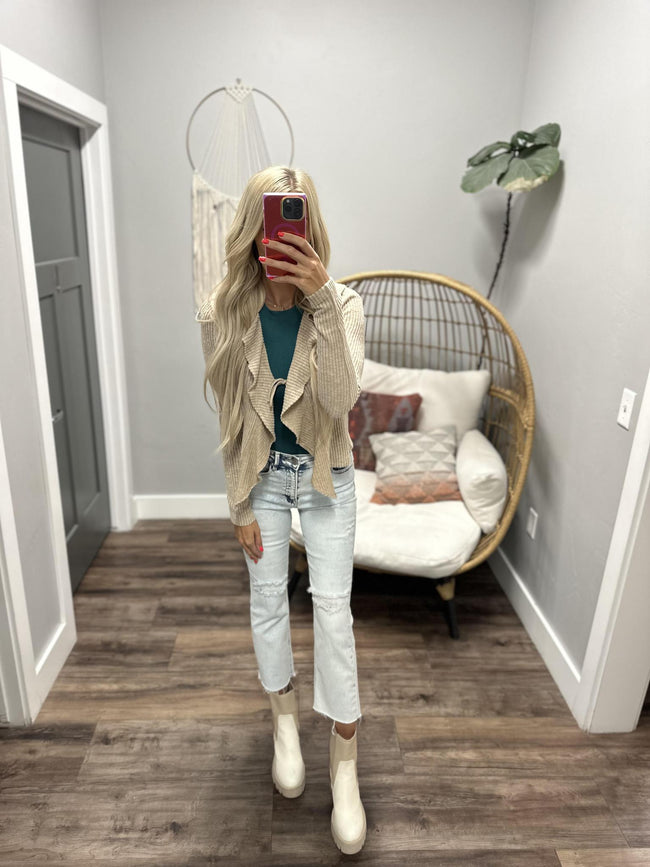 BLAIR TAUPE RUFFLE FRONT TIE FRONT CARDIGAN TOP