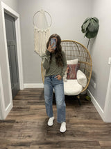 JENNIE LONG SLEEVE OLIVE AND CREAM STRIPE LONG SLEEVE TOP