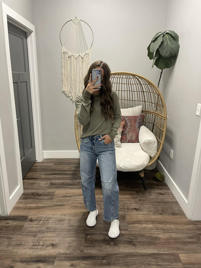 JENNIE LONG SLEEVE OLIVE AND CREAM STRIPE LONG SLEEVE TOP