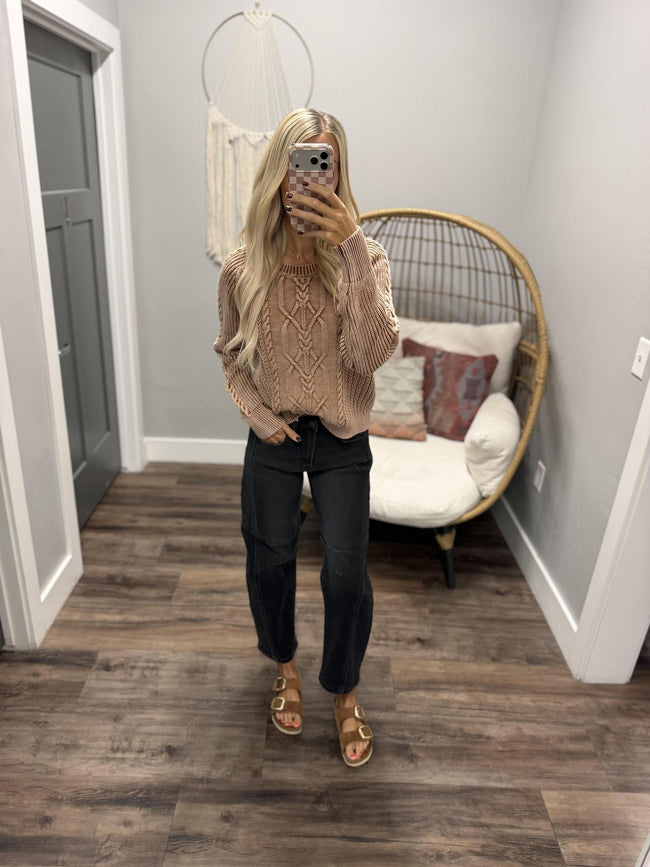 TEXI WASHED RUST CABLE KNIT SWEATER TOP