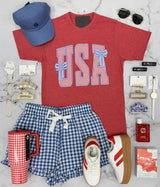 USA STRIPES AND BOWS GRAPHIC TEE IN RED