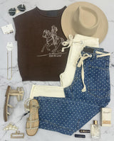 BROWN WESTERN EMBROIDERED SHORT SLEEVE SWEATER TOP