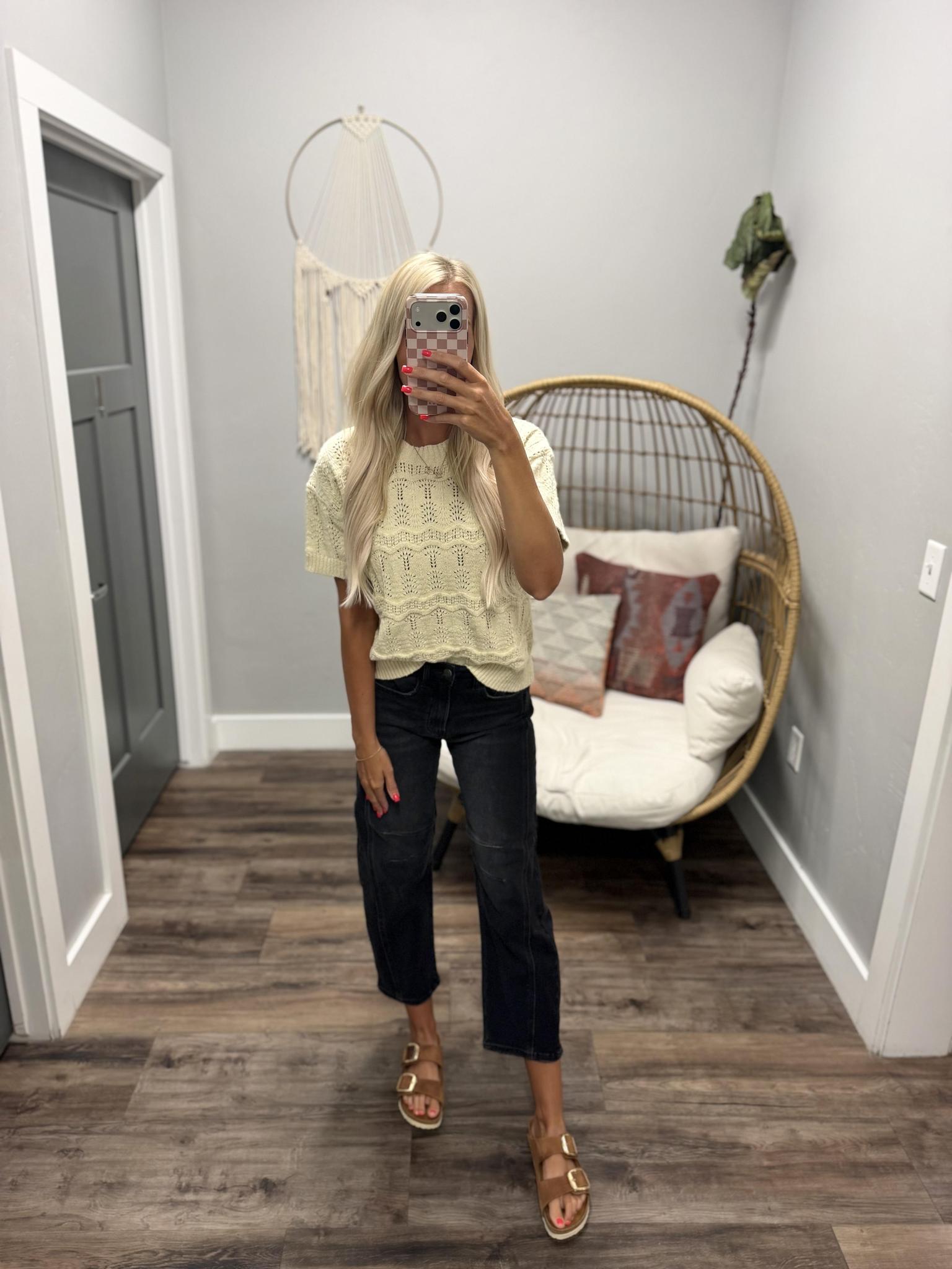 KERRI CROCHET KNIT PUFF SLEEVE SWEATER TOP