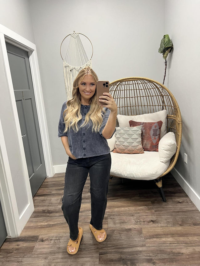 ALEXA WASHED NAVY SHORT SLEEVE CARDIGAN TOP