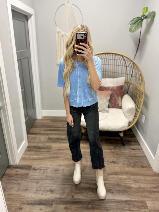 AUBRIE BLUE TRIM POCKET SHORT SLEEVE CARDIGAN TOP