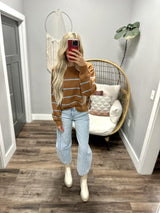 TRISA CAMEL AND BLUE STRIPE SWEATER TOP