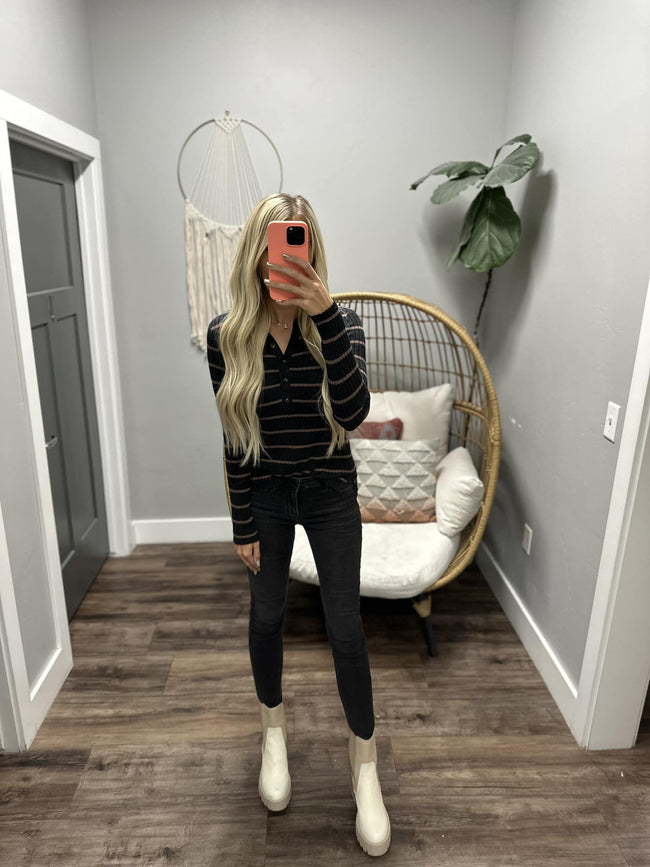 RAKELL BLACK AND COCO STRIPE HENLEY LONG SLEEVE