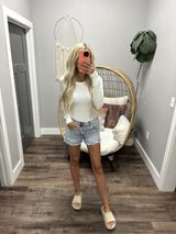 STACY WHITE RIBBED LONG SLEEVE BASIC TEE