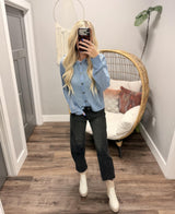 JANA DUSTY BLUE KNIT BUTTON UP HOODED CARDIGAN TOP
