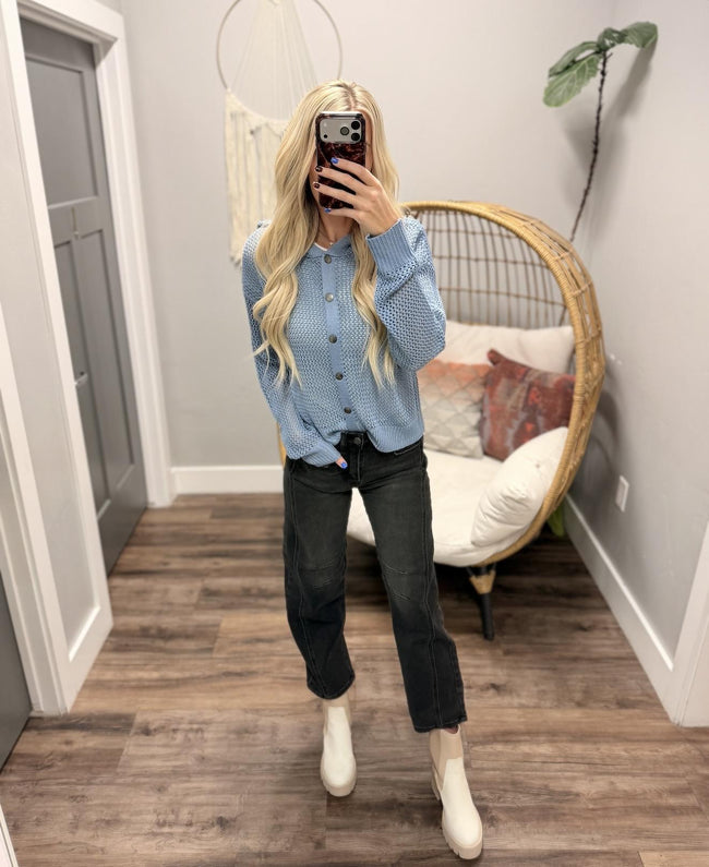 JANA DUSTY BLUE KNIT BUTTON UP HOODED CARDIGAN TOP