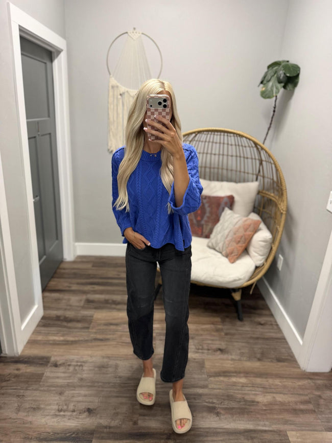 DANIKA COBALT CABLE KNIT SWEATER TOP