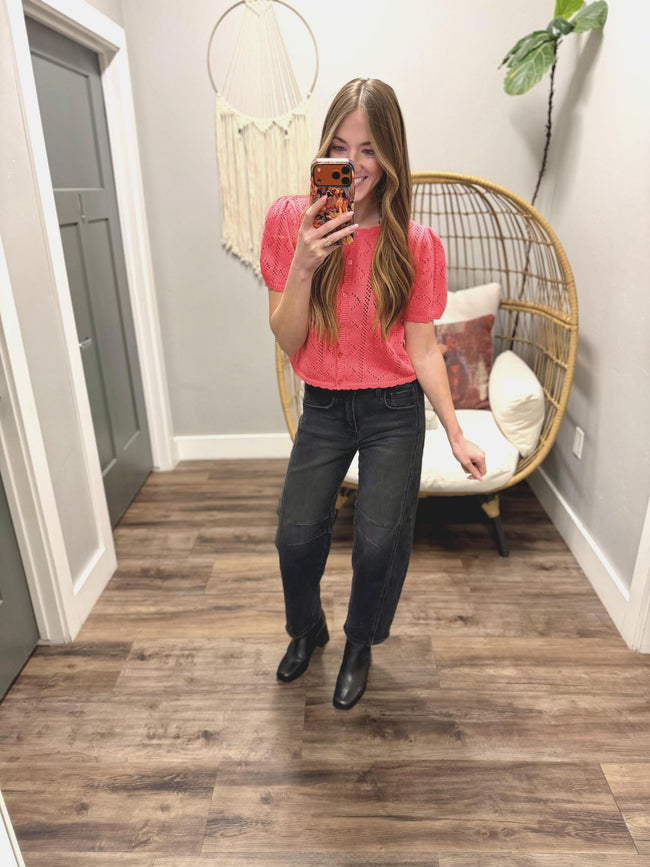 BRENNA TAFFY PINK HEART BUTTON UP KNIT TOP