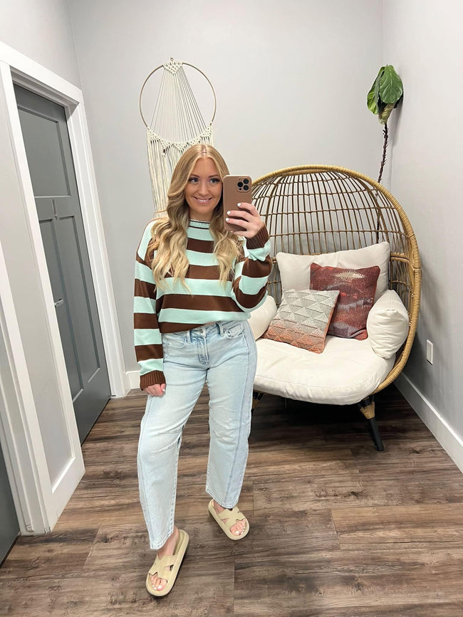 WHITLEE MINT CHOCOLATE STRIPE KNIT SWEATER TOP