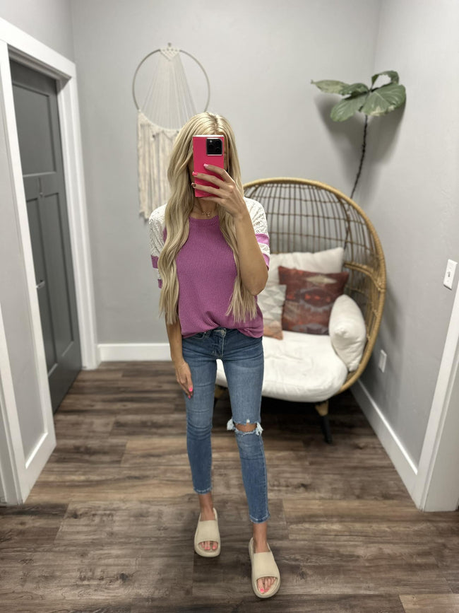 LIV MAGENTA RIBBED LACE SHORT SLEEVE CONTRAST TOP