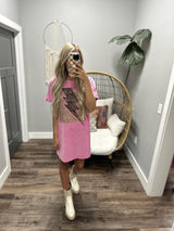 PINK WASHED LEOPARD BOLT GRAPHIC T SHIRT DRESS