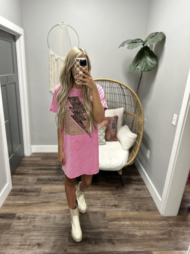 PINK WASHED LEOPARD BOLT GRAPHIC T SHIRT DRESS