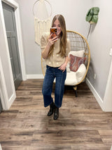 CHANDIE TAUPE EMBROIDERED FLORAL BUTTON SWEATER TOP