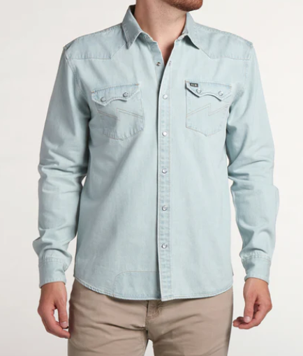 MENS HOWLER BROTHERS GARTH LIGHT WASH DUST UP DENIM SNAPSHIRT