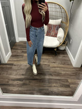 WINE MOCK NECK RIBBED LONG SLEEVE