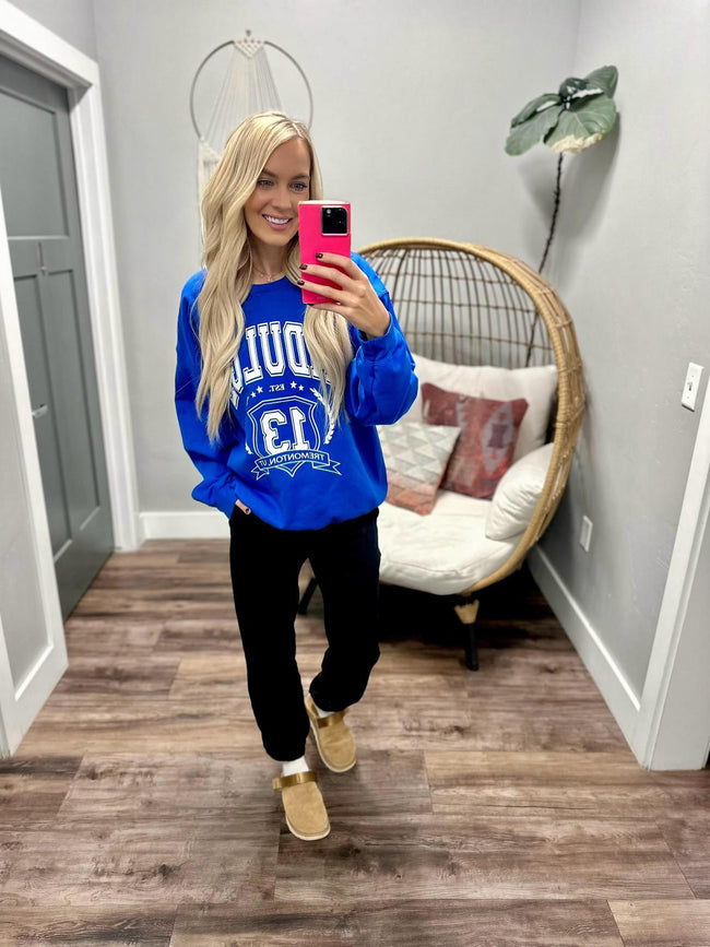INDULGE BOUTIQUE COBALT CREW SWEATSHIRT