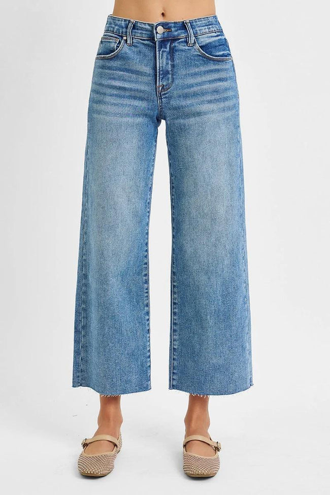 TARA MID RISE CROPPED WIDE LEG DENIM JEANS