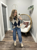 TYANN NAVY ARGYLE PRINT DENIM SLEEVE SWEATER TOP
