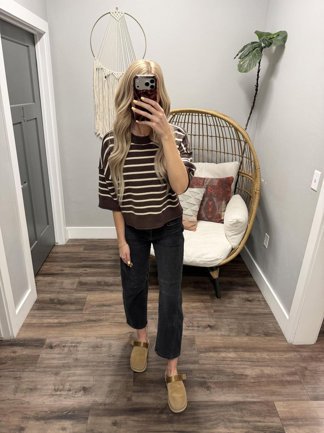 TONI CHOCOATE STRIPE SHORT SLEEVE SWEATER TOP
